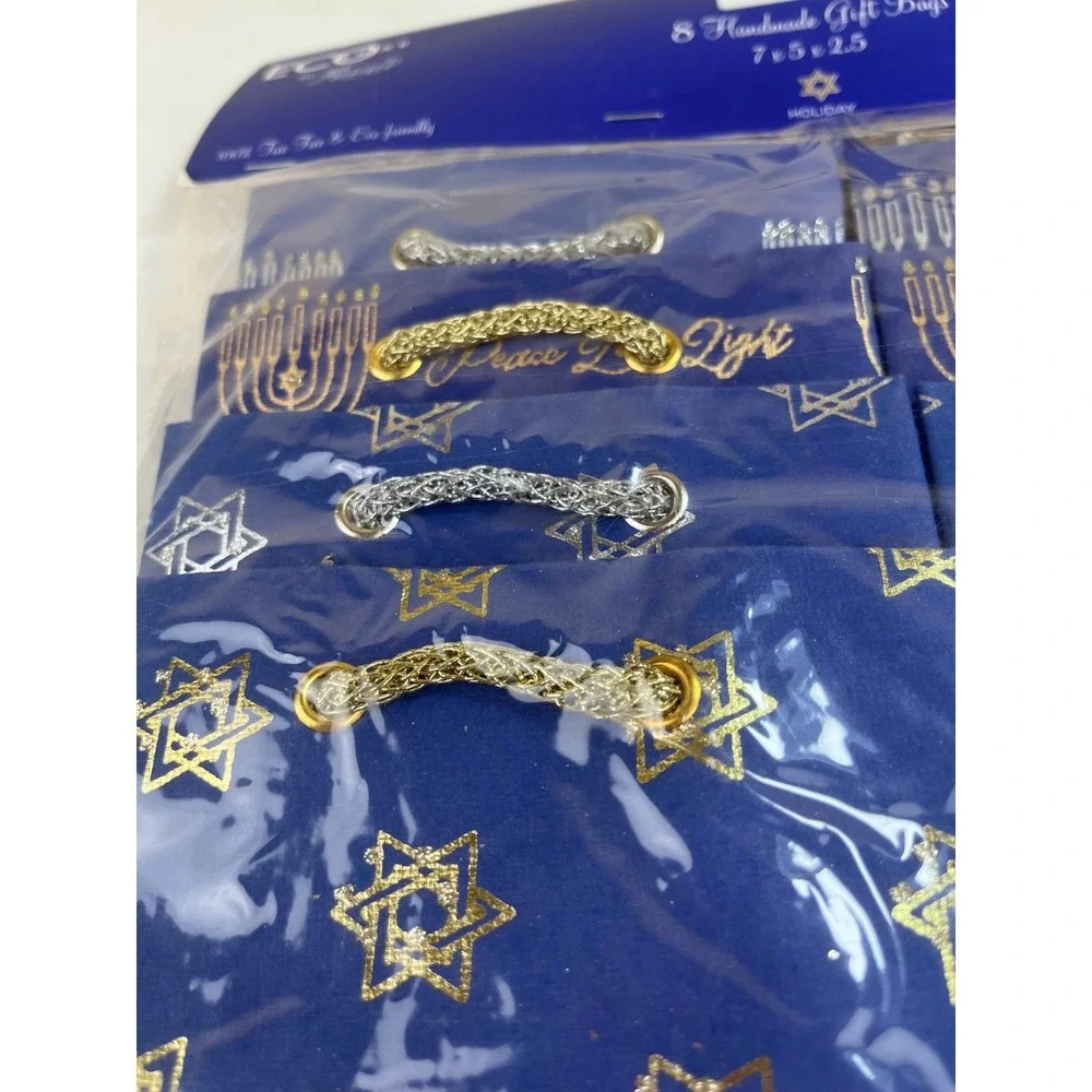 EcoLuxe Hanukkah Gift Bags Set of 8 Handmade 7x5x2.5 Peace Love Light Menorah